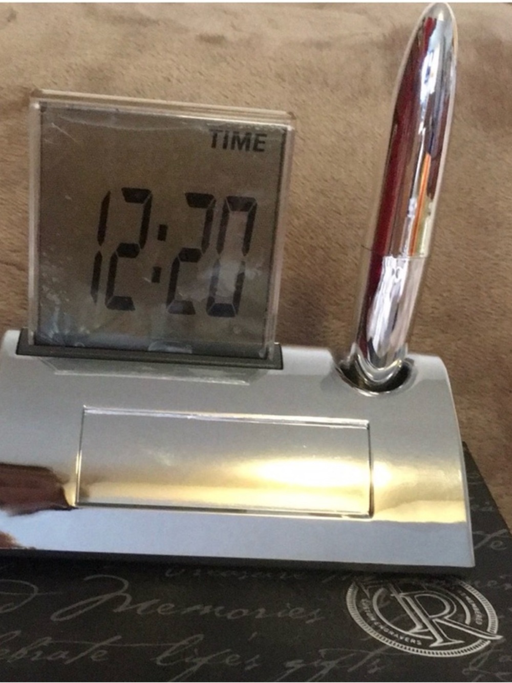 Vintage New in Box Chrome Digital Clock Pen Holder Desk Accessory